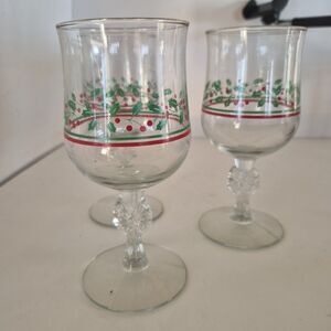 3 Vintage Libbey Arby’s 1980s Holly Berry Bow Stem Christmas Wine Glasses 12 Oz